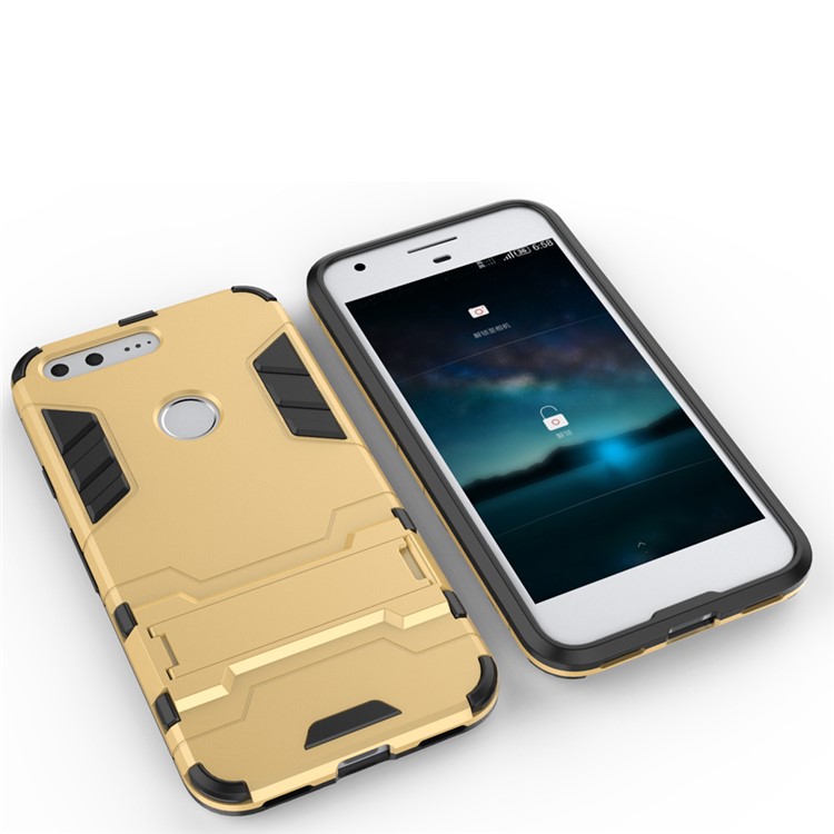 For Google Pixel Hybrid PC + TPU Phone Case Shell with Kickstand - Gold-3