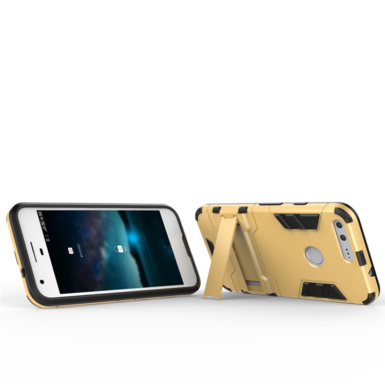 For Google Pixel Hybrid PC + TPU Phone Case Shell with Kickstand - Gold-4