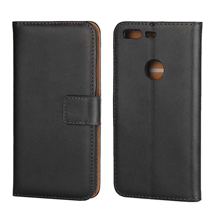 Genuine Split Leather Wallet Phone Case Stand for Google Pixel - Black-1