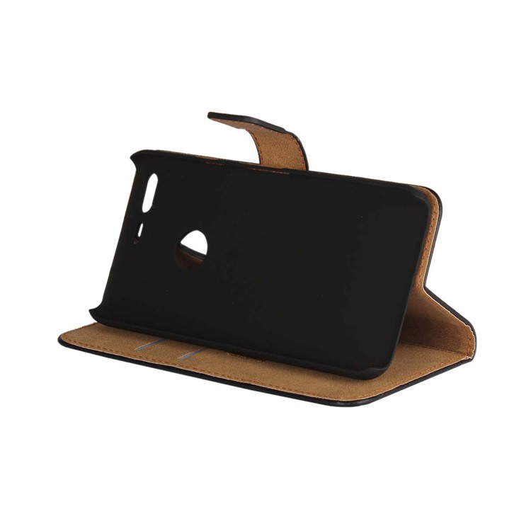 Genuine Split Leather Wallet Phone Case Stand for Google Pixel - Black-2