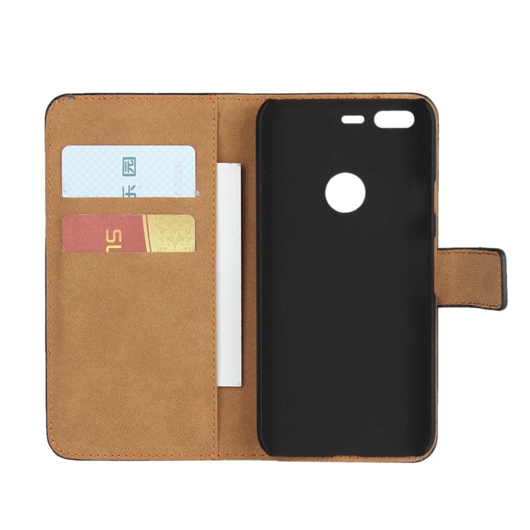 Genuine Split Leather Wallet Phone Case Stand for Google Pixel - Black-4
