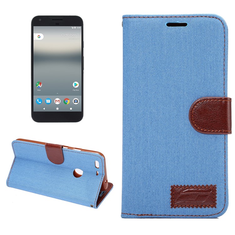 Jeans Cloth Stand Leather Flip Phone Case for Google Pixel XL - Baby Blue-1
