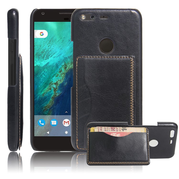 For Google Pixel XL Card Slot Vintage Leather Coated Kickstand Hard Case Cover - Black-1