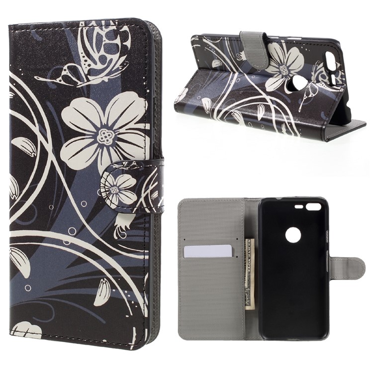 Patterned Leather Wallet Mobile Cover for Google Pixel XL - White Butterfly Flower-1