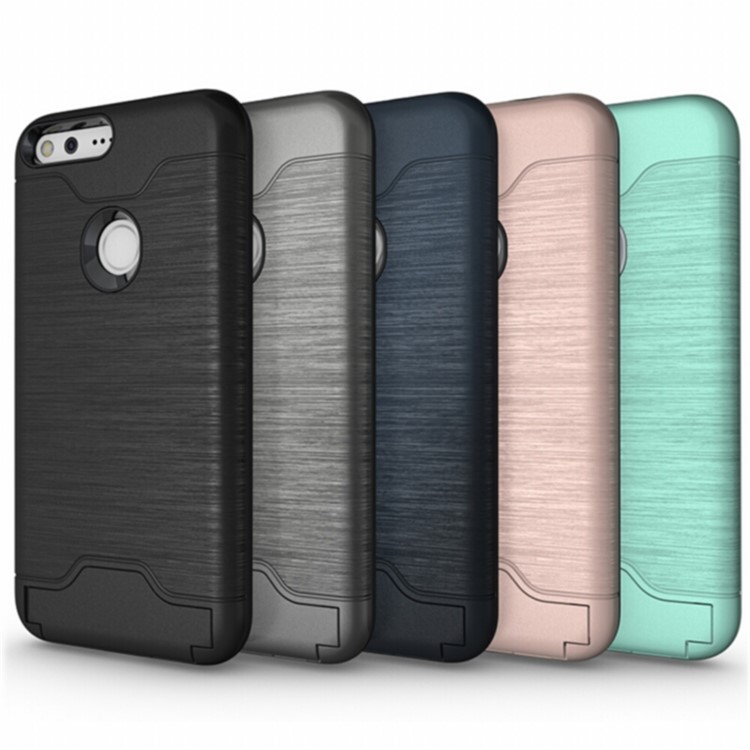 For Google Pixel (5.0) Brushed PC TPU Hybrid Case with Card Slot & Kickstand - Black-10