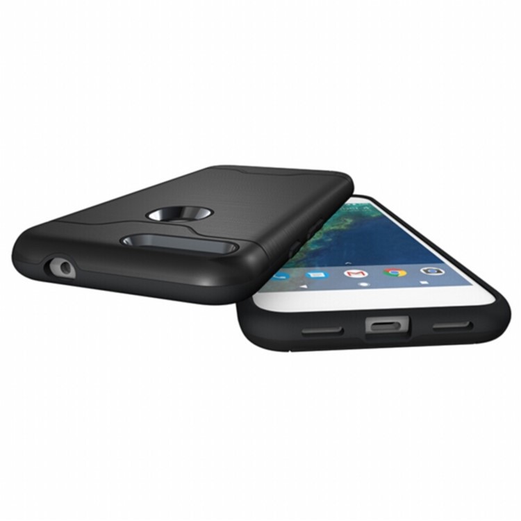 For Google Pixel (5.0) Brushed PC TPU Hybrid Case with Card Slot & Kickstand - Black-5