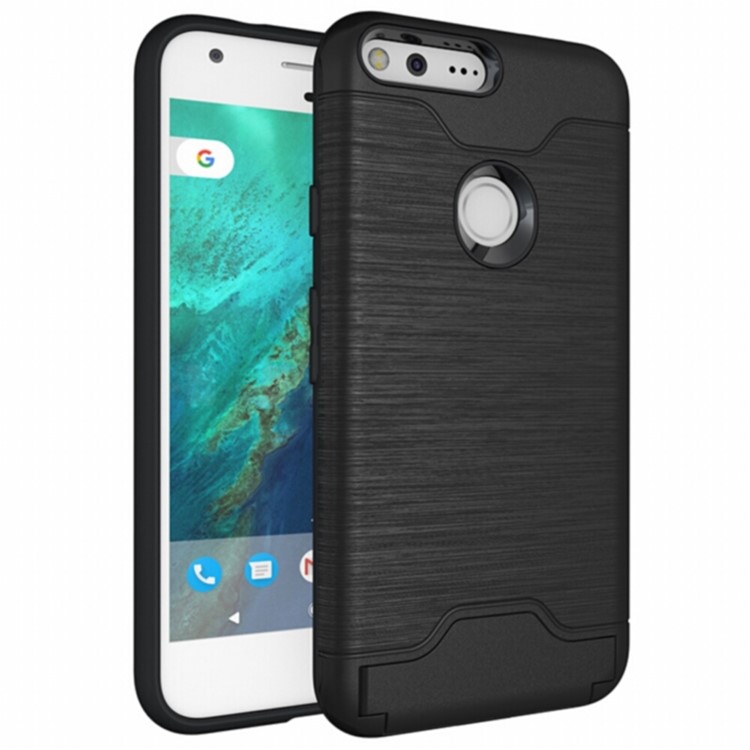 For Google Pixel XL 5.5 inch Brushed PC TPU Hybrid Card Holder Case with Kickstand - Black-1