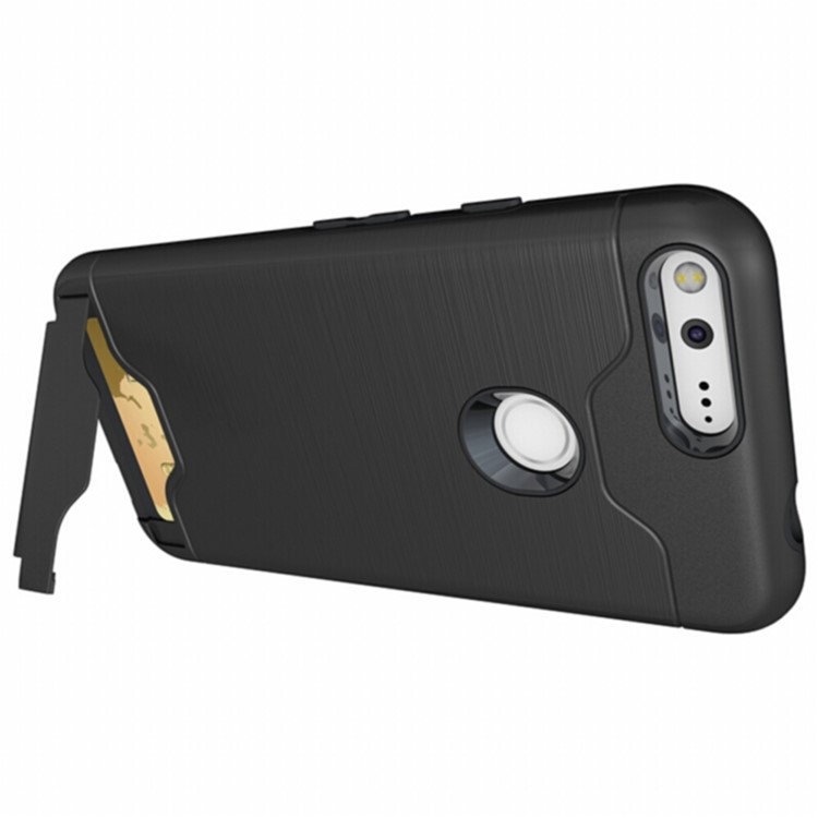 For Google Pixel XL 5.5 inch Brushed PC TPU Hybrid Card Holder Case with Kickstand - Black-9