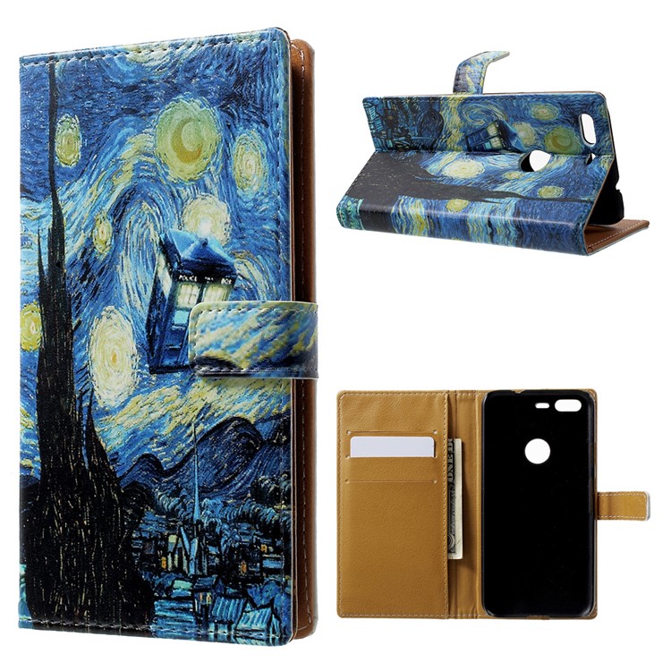 Pattern Printing Leather Wallet Case for Google Pixel - Starry Night-1