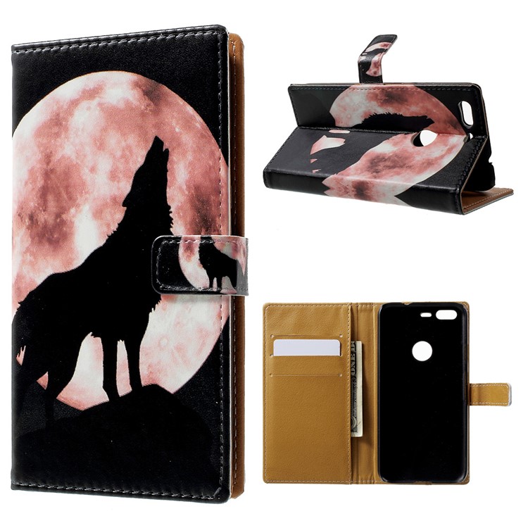 Pattern Printing Leather Wallet Shell for Google Pixel - Wolf Howling at the Moon-1