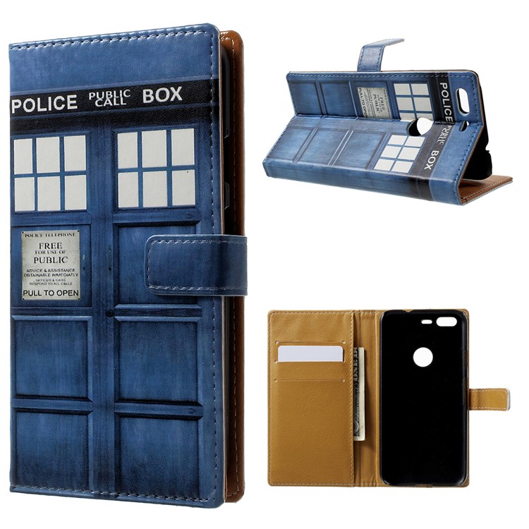 Pattern Printing Leather Stand Phone Shell for Google Pixel - Police Public Call Box-1