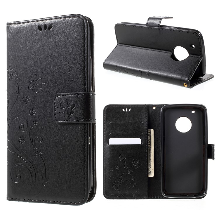 Butterfly Flowers Pattern Leather Wallet Case for Motorola Moto G5 Plus - Black-1