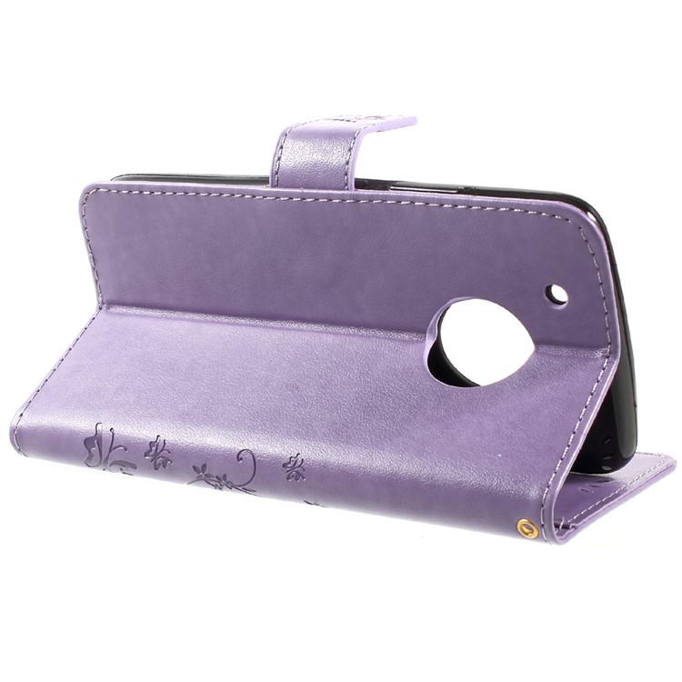 Butterfly Flowers Pattern Leather Case with Credit Card Pockets for Motorola Moto G5 Plus - Light Purple-4