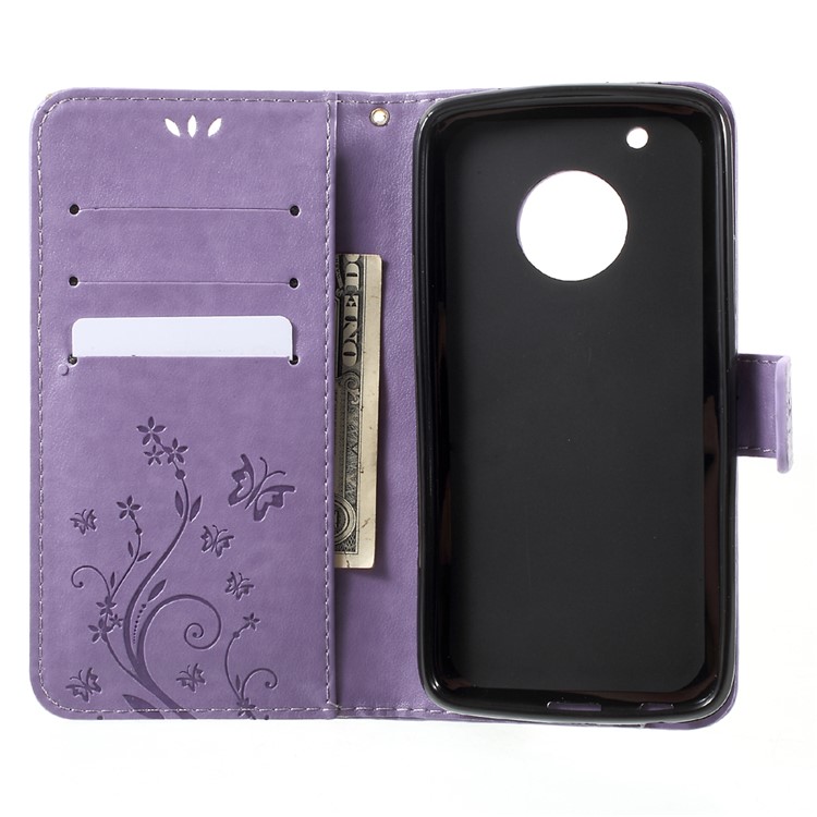 Butterfly Flowers Pattern Leather Case with Credit Card Pockets for Motorola Moto G5 Plus - Light Purple-5