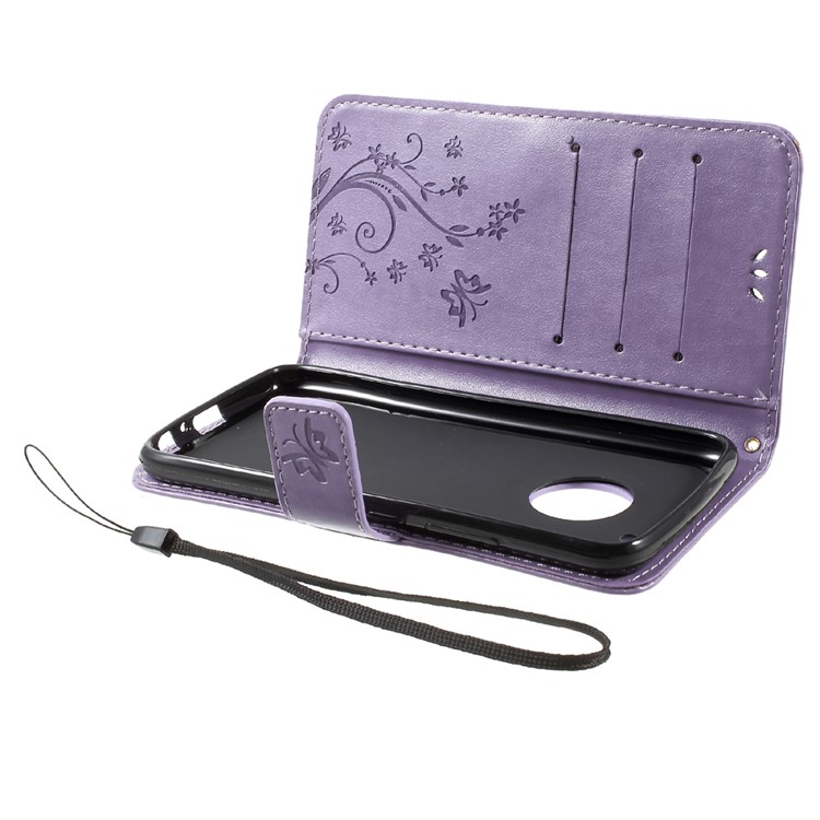 Butterfly Flowers Pattern Leather Case with Credit Card Pockets for Motorola Moto G5 Plus - Light Purple-6