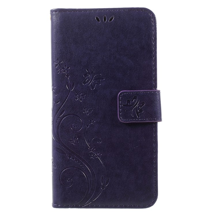 Butterfly Flowers Pattern Leather Case with Credit Card Slots and Stand Function for Motorola Moto G5 Plus - Dark Purple-1