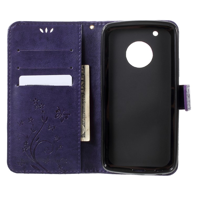 Butterfly Flowers Pattern Leather Case with Credit Card Slots and Stand Function for Motorola Moto G5 Plus - Dark Purple-5