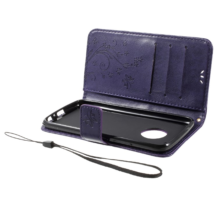 Butterfly Flowers Pattern Leather Case with Credit Card Slots and Stand Function for Motorola Moto G5 Plus - Dark Purple-6