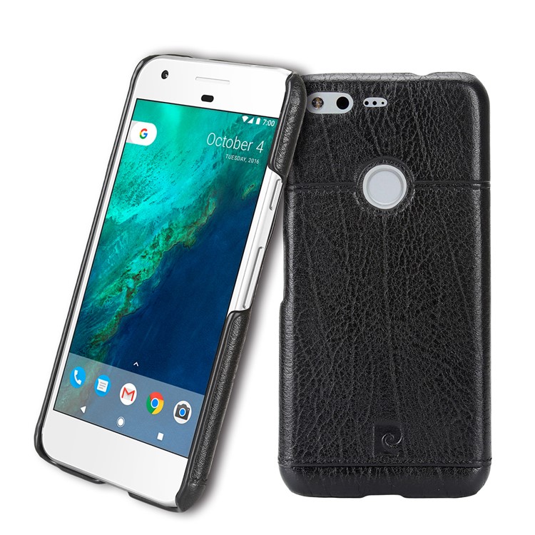 PIERRE CARDIN Stitched Genuine Leather Coated Hard Case for Google Pixel - Black-1
