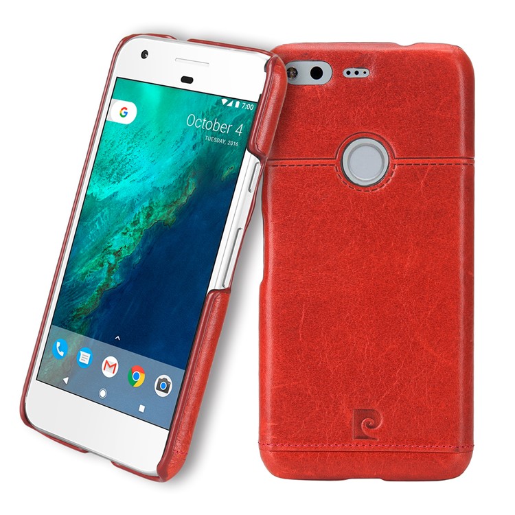 PIERRE CARDIN Stitched Genuine Leather Coated Hard Back Case for Google Pixel - Red-1
