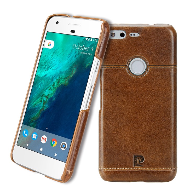 PIERRE CARDIN Stitched Genuine Leather Coated Hard Phone Cover for Google Pixel - Brown-1