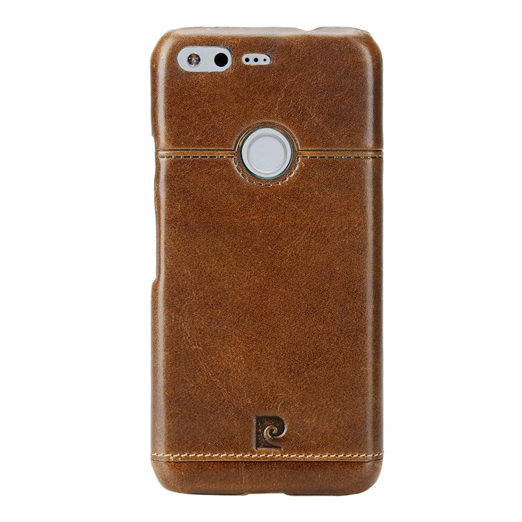 PIERRE CARDIN Stitched Genuine Leather Coated Hard Phone Cover for Google Pixel - Brown-2