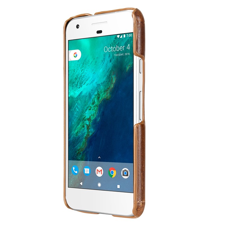 PIERRE CARDIN Stitched Genuine Leather Coated Hard Phone Cover for Google Pixel - Brown-3