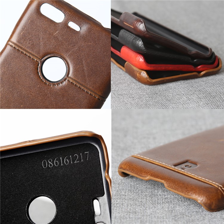 PIERRE CARDIN Stitched Genuine Leather Coated Hard Phone Cover for Google Pixel - Brown-7
