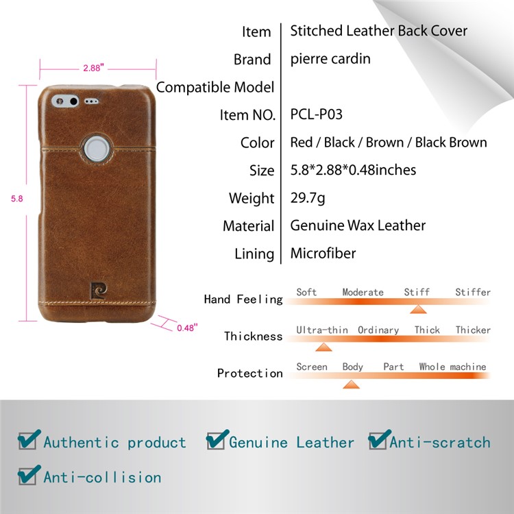 PIERRE CARDIN Stitched Genuine Leather Coated Hard Phone Cover for Google Pixel - Brown-8