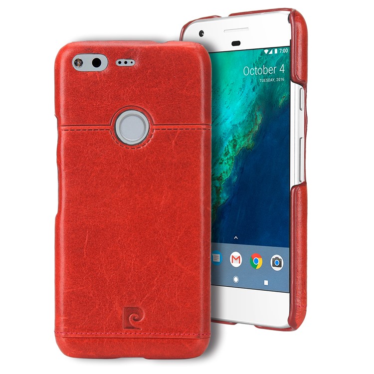 PIERRE CARDIN Stitched Genuine Leather Coated Hard Phone Case for Google Pixel XL - Red-1
