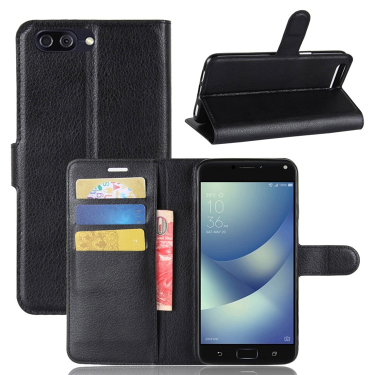 Litchi Skin PU Leather Wallet Stand Phone Shell for Asus Zenfone 4 Max /4 Max Pro /4 Max Plus ZC554KL - Black-1