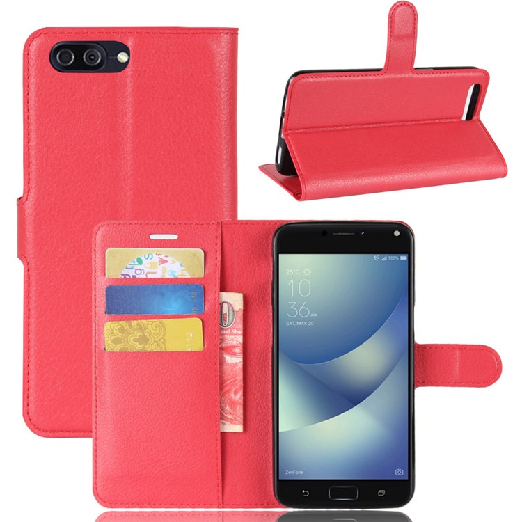 Litchi Skin PU Leather Wallet Stand Phone Cover for Asus Zenfone 4 Max /4 Max Pro /4 Max Plus ZC554KL - Red-1