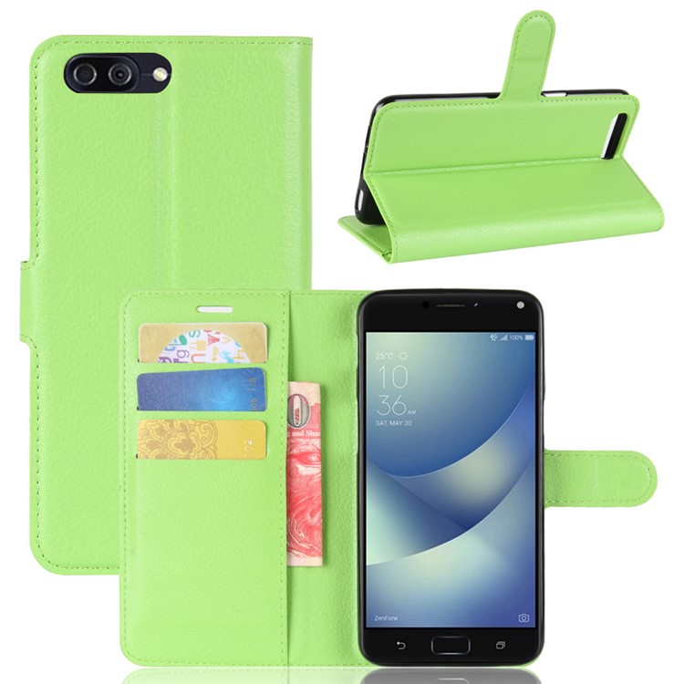 Litchi Skin PU Leder Brieftasche Stand Telefon Shell mit Magnet für Asus Zenfone 4 Max / 4 Max Pro / 4 Max Plus ZC554KL - Grün-1