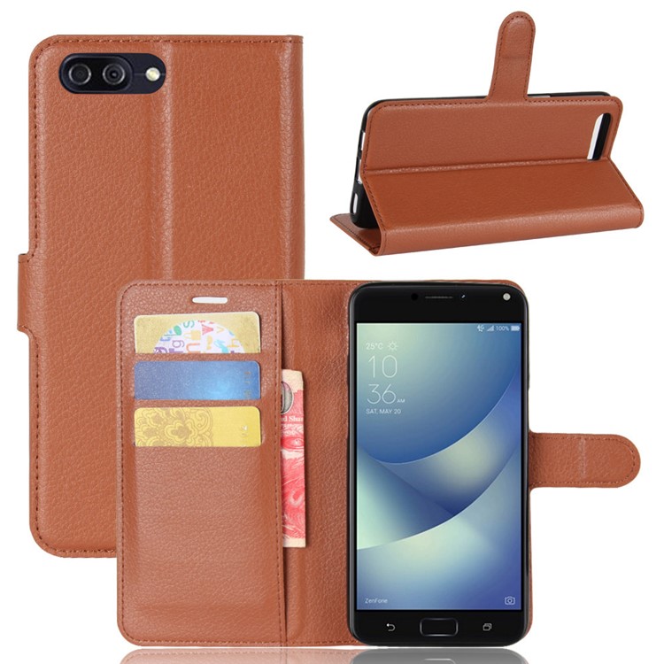 Litchi Skin PU Leather Wallet Stand Mobile Phone Casing for Asus Zenfone 4 Max /4 Max Pro /4 Max Plus ZC554KL - Brown-1