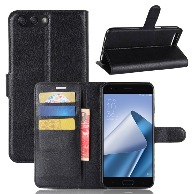 Litchi Skin Leather Wallet Case for Asus ZenFone 4 (ZE554KL) - Black-1
