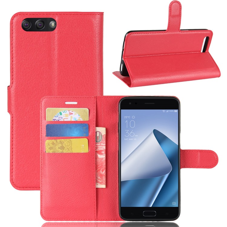 Litchi Skin Leather Card Holder Case for Asus ZenFone 4 (ZE554KL) - Red-1