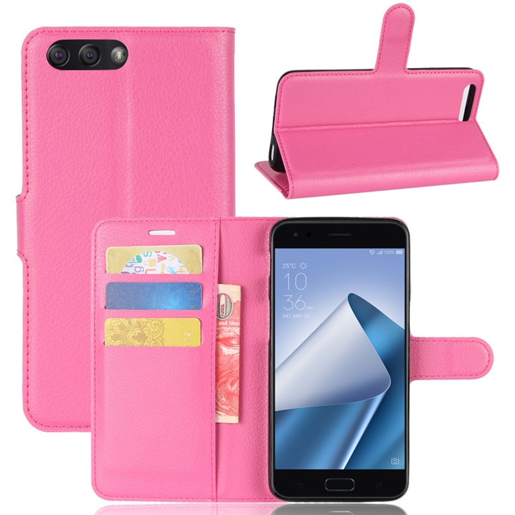 Litchi Skin Leather Wallet Case Cover for Asus ZenFone 4 (ZE554KL) - Rose-1