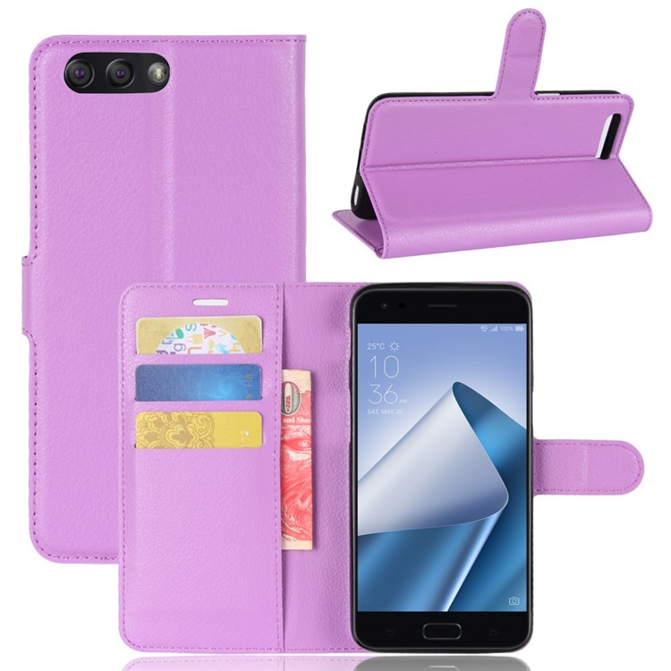 Litchi Skin Phone Leather Wallet Case for Asus ZenFone 4 (ZE554KL) - Purple-1