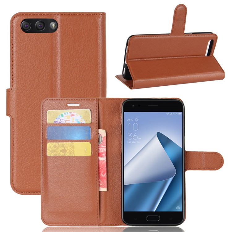 Litchi Skin Magnetic Leather Cell Phone Case for Asus ZenFone 4 (ZE554KL) - Brown-1
