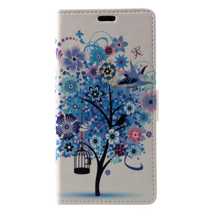 Patterned PU Leather Wallet Stand Protective Phone Casing for Asus Zenfone 4 Max ZC520KL - Blue Tree with Blossoming Flower-1