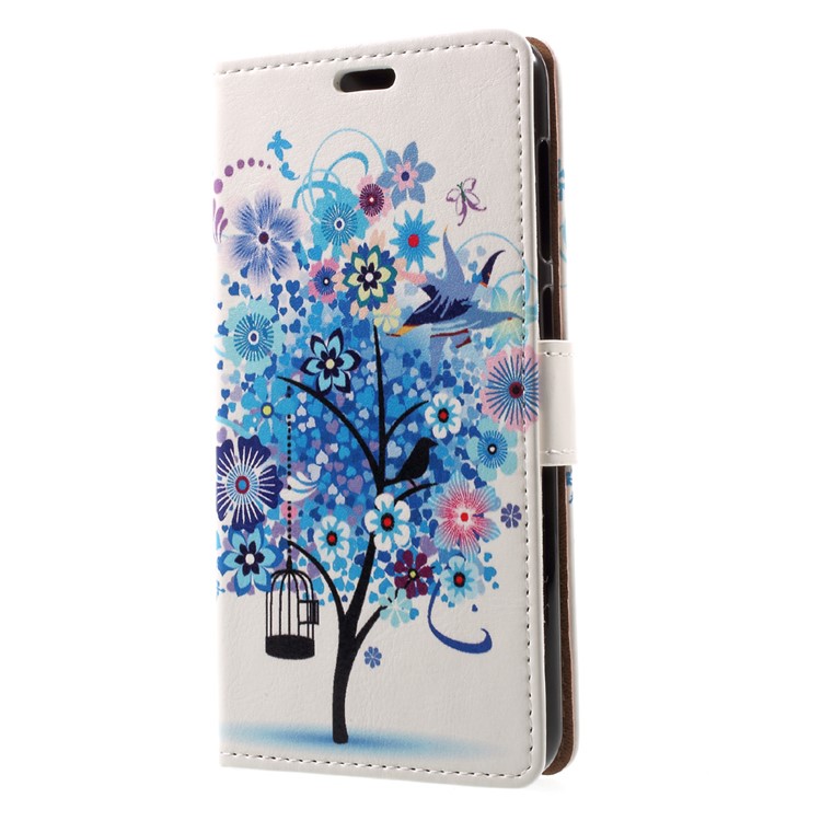 Patterned PU Leather Wallet Stand Protective Phone Casing for Asus Zenfone 4 Max ZC520KL - Blue Tree with Blossoming Flower-3