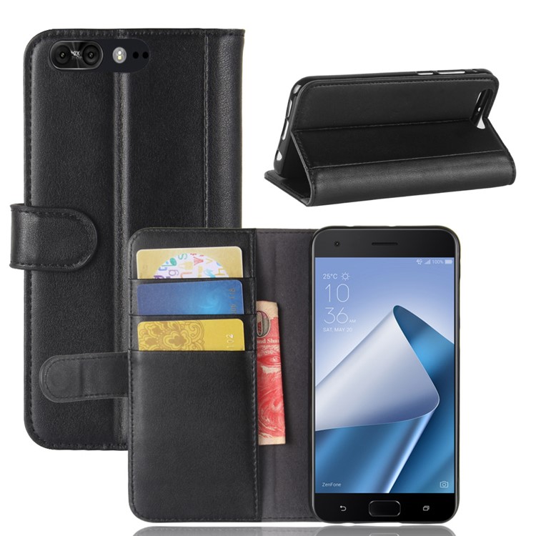 Genuine Split Leather Wallet Phone Case with Stand for Asus ZenFone 4 Pro (ZS551KL) - Black-1