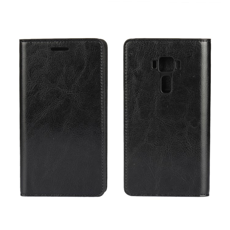 Crazy Horse Genuine Leather Wallet Case Cover for Asus Zenfone 3 ZE520KL - Black-1