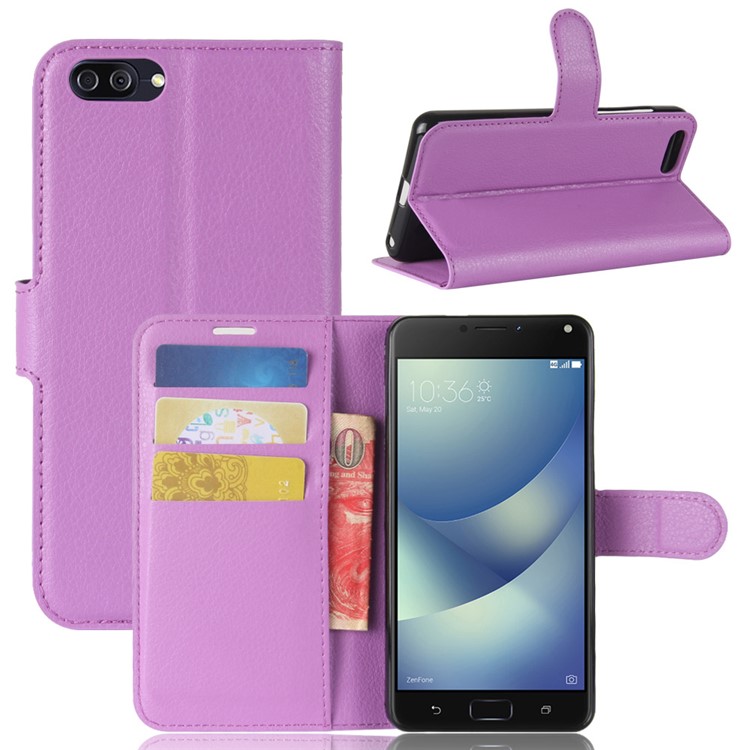 Litchi Skin Wallet Leather Stand Phone Cover Shell for Asus Zenfone 4 Max ZC520KL - Purple-1