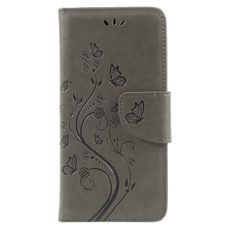 For Asus Zenfone 4 Max ZC520KL Imprint Butterfly Flower PU Leather Wallet Stand Cover - Grey-1