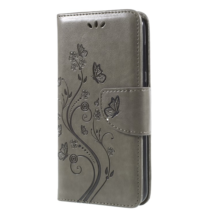 For Asus Zenfone 4 Max ZC520KL Imprint Butterfly Flower PU Leather Wallet Stand Cover - Grey-3