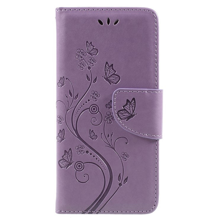 Imprint Butterfly Flower Leather Wallet Folio Mobile Case for Asus Zenfone 4 Max ZC520KL - Lignt Purple-1