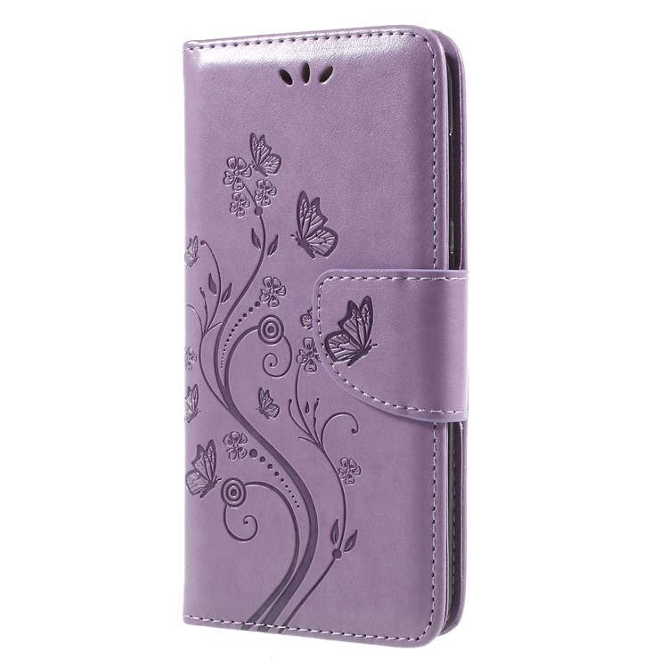Imprint Butterfly Flower Leather Wallet Folio Mobile Case for Asus Zenfone 4 Max ZC520KL - Lignt Purple-3