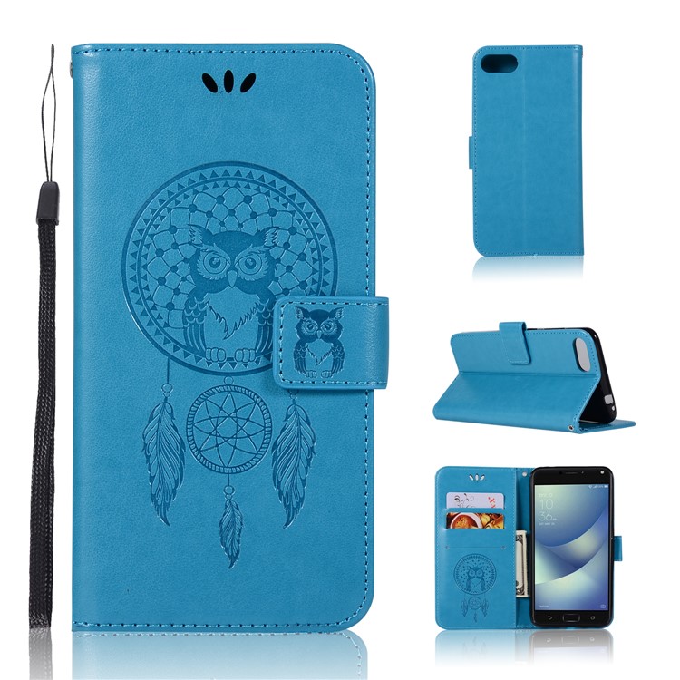 Imprint Owl Dream Catcher Pattern Leather Wallet Cover with Strap for Asus ZenFone 4 Max / 4 Max Pro / 4 Max Plus (ZC554KL) - Blue-1