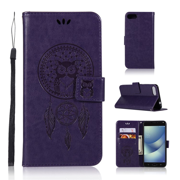 Búho Estampado Dream Catcher Pattern Billetera Magnética De Cuero Para Asus Zenfone 4 Max / 4 Max Pro / 4 Max Plus (zc554kl) - Púrpura-1